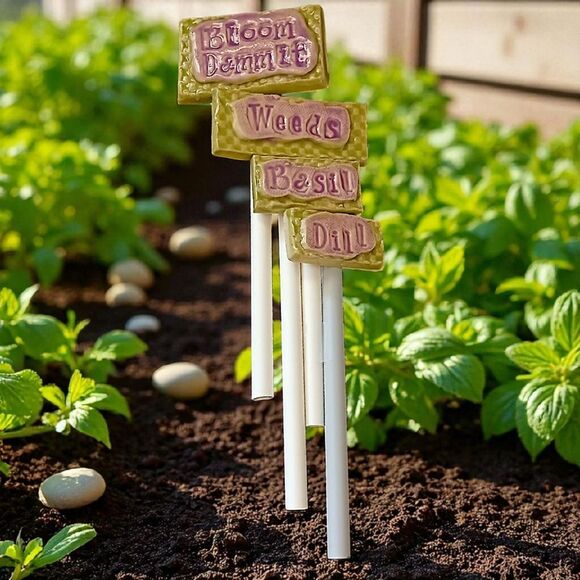 4 Pottery Garden Plant Marker Stakes SML Pottery Susan Levine Cottage Herbs - Picture 12 of 16
